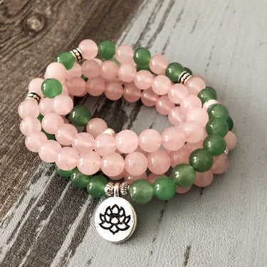Rose Quartz Green Aventurine Mala 108 Beads Bracelet - Lotus / Buddha / Om-Your Soul Place